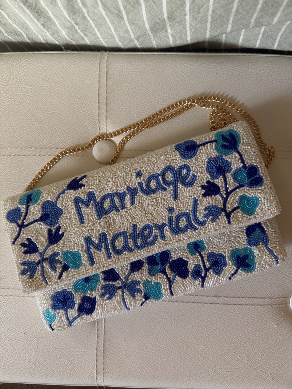 Beaded “Marriage Material” Bridal Blue White Floral Gold Chain Strap Clutch